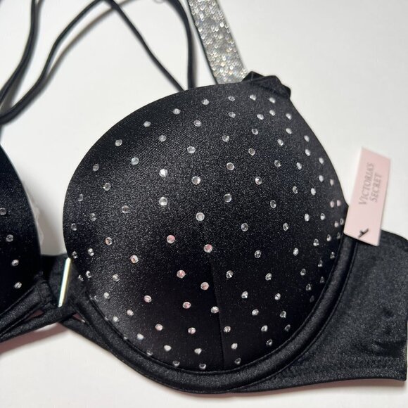 Victoria Secret 32C Bombshell Push Up Bikini Top Glam Cups Shine Strap Black - Picture 3 of 10